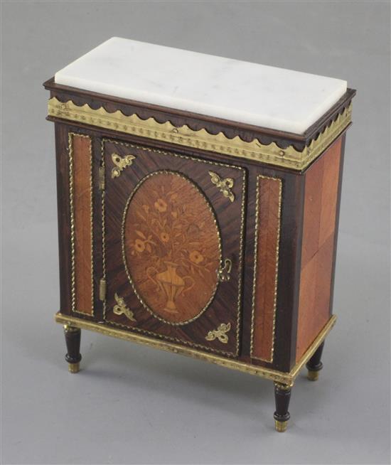 Denis Hillman. A Louis XVI style marquetry inlaid marble topped side cabinet, height 3.25in. width 2.75in.